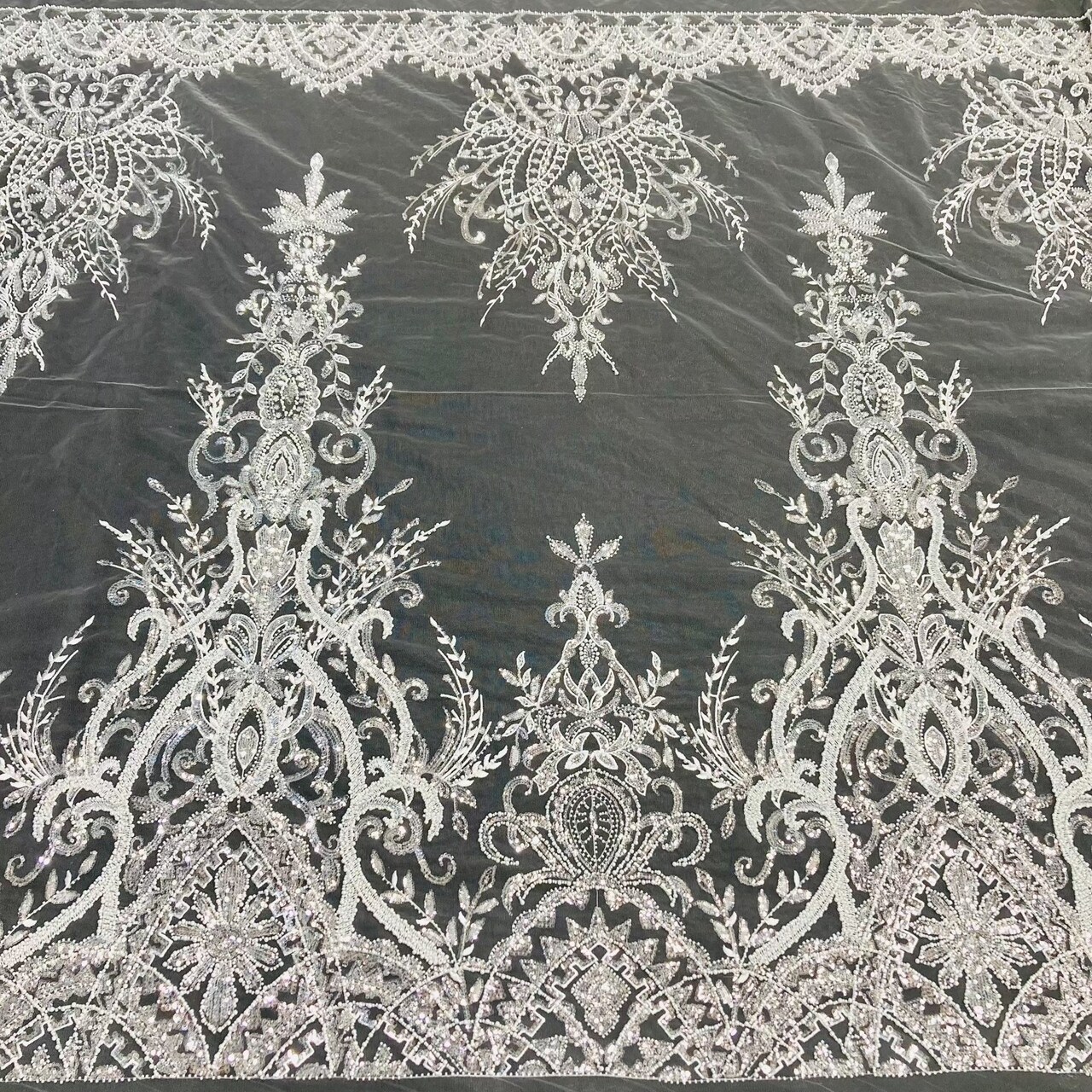 1 Yard Luxurious Beaded Lace Fabric Embroidered on Polyester Net Mesh 52" Wide Elegant Formalwear Material